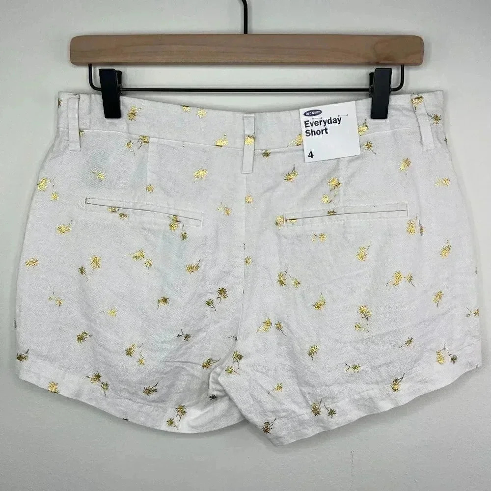 NWT Old Navy Linen Chino Everyday Shorts - White & Gold Palm Trees - 3.5" Inseam